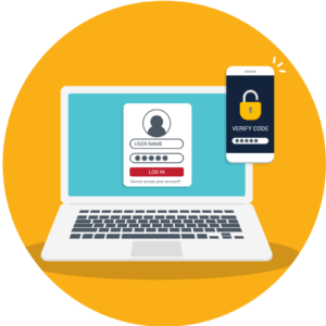 Multi-Factor Authentication blog image. Illustration of laptop and cellphone. MFA code sent to phone for secure online login.